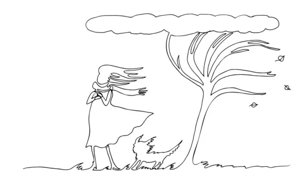 Pemandangan musim gugur. Wanita dan anjing di bawah pohon dalam angin . - Stok Vektor
