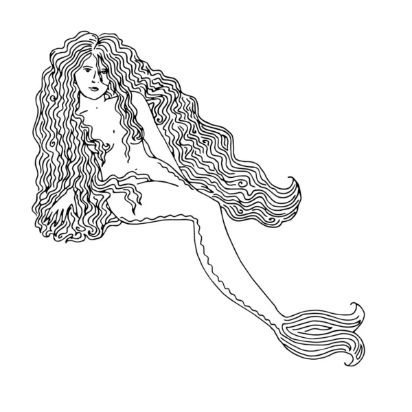 ベクトルイラスト輪郭線で描かれた長い髪のマーメイド 海の少女リクライニング — ストックベクタ