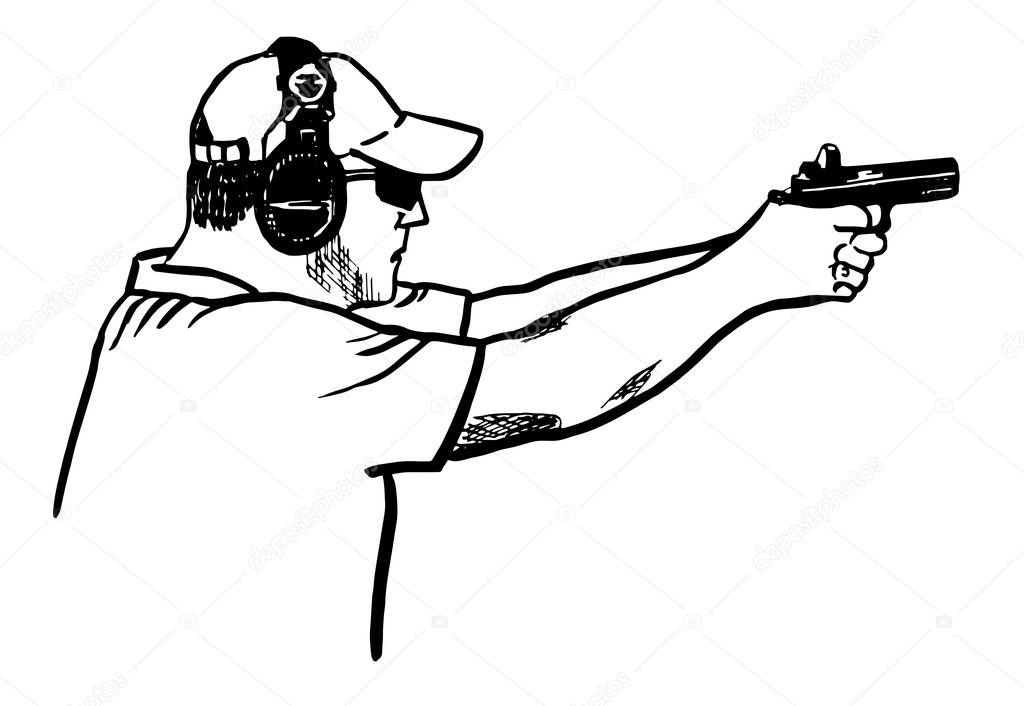 The athlete in the headphones and cap shoots a pistol. 