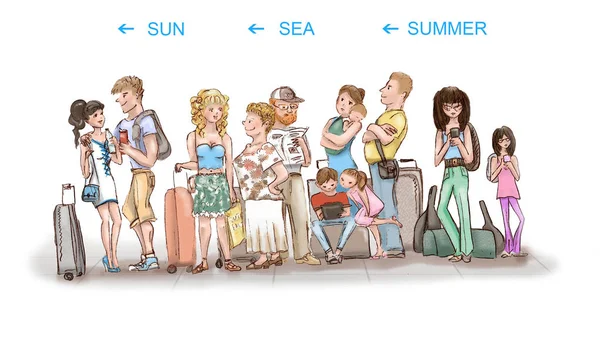 Una fila de turistas que se van de vacaciones. Diferentes tipos de personas . —  Fotos de Stock