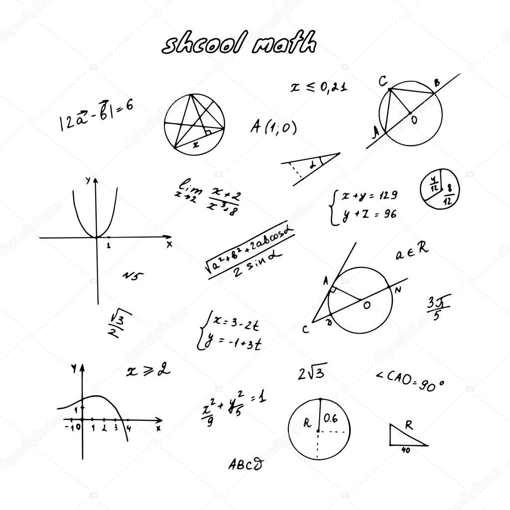 Geometric graphs, algebraic constructions, formulas and figures. School handwritten doodle. Hand drawn vector illustration.