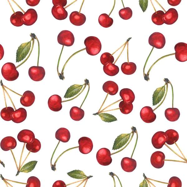 Nahtloses Muster mit roten Kirschen auf weißem Hintergrund. — Stockfoto