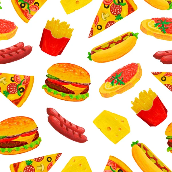 Patrón sin costuras de sándwiches de colores brillantes, pizzas, sándwiche — Foto de Stock