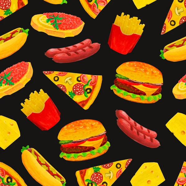 Parlak renkli sandviçlerin kusursuz deseni, pizzalar,