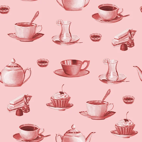Lindo patrón sin costuras de la vajilla de té y postres en un respaldo rosa —  Fotos de Stock