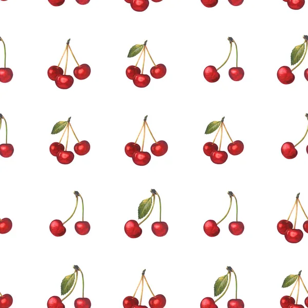 Sömlöst mönster med röda körsbär isolerade på vitt. — Stockfoto
