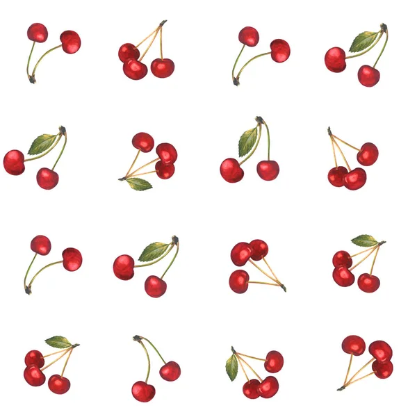 Sömlöst mönster med röda körsbär isolerade på vitt. — Stockfoto