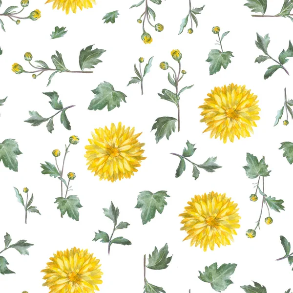 Bezešvé vzory: žlutá chryzantéma s listy. Květiny iso — Stock fotografie