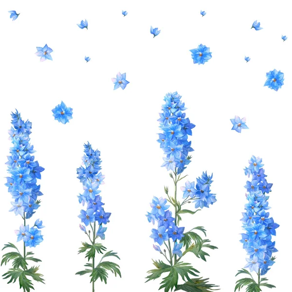 Белый Фон Голубыми Шпорами Бесшовный Шаблон Красивая Реалистичная Ботаническая Иллюстрация — стоковое фото