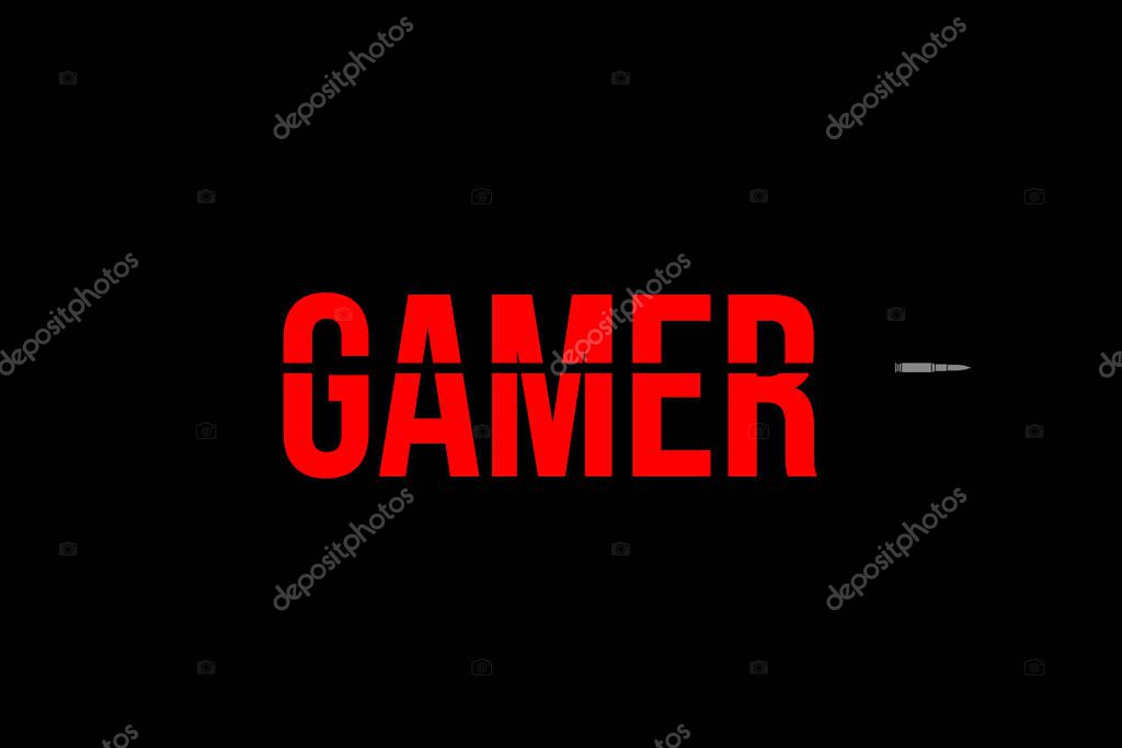 Gamer logo in red with bullet passing. Gaming playing console computer video games. Black background