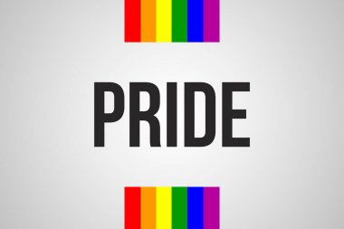 Gökkuşağı renkli bayrak yukarı aşağı. Beyaz arka planlı siyah bir kelime. LGBT konsepti Gay Pride. Etiket, baskı, logo tipografi tasarımı.
