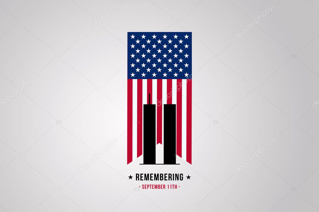 September 11. Remember 9 11, Patriot day. Twin towers illustration with the amercian flag. We will never forget. We will always remember