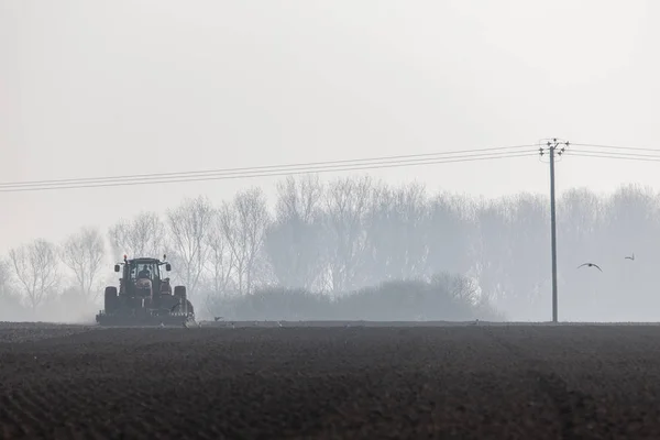Traktör toprağı sürüyor.