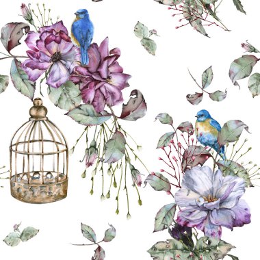 Arka plan gül ve mavi kuşlar. Seamless modeli.