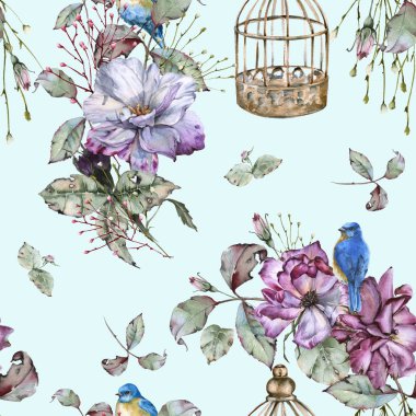 Arka plan gül ve mavi kuşlar. Seamless modeli.