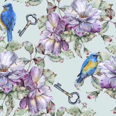 Arka plan gül ve mavi kuşlar. Seamless modeli.