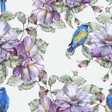 Arka plan gül ve mavi kuşlar. Seamless modeli.