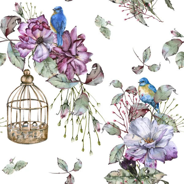 Arka plan gül ve mavi kuşlar. Seamless modeli.