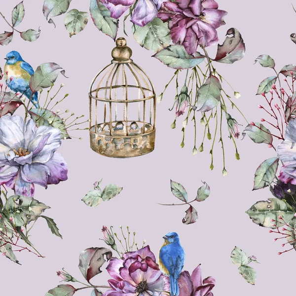 Hintergrund mit Rosen und blauen Vögeln. nahtloses Muster. — Stockfoto