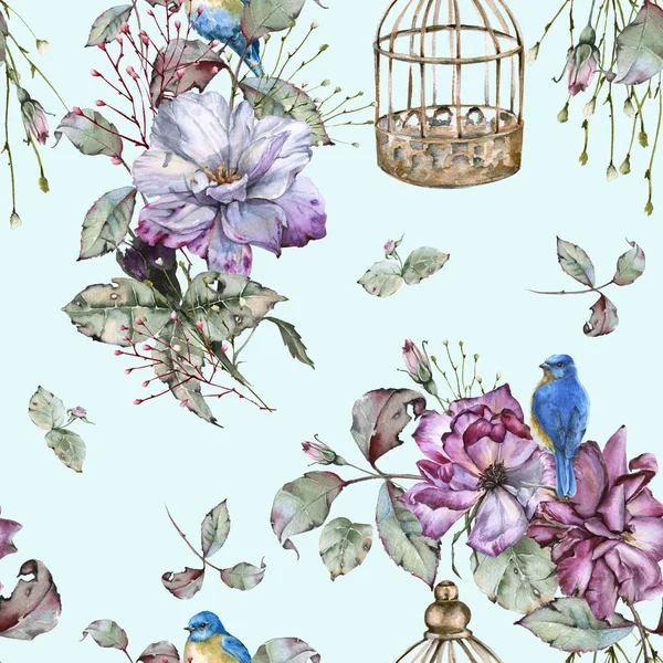 Arka plan gül ve mavi kuşlar. Seamless modeli.