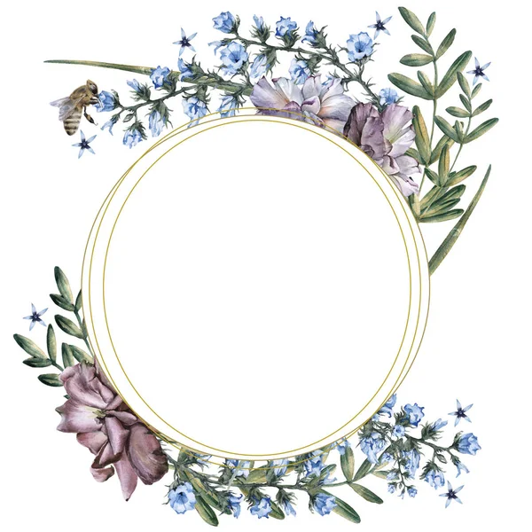 Komposition von Rosen mit Wildblumen und Bienen. isoliert auf weißem Hintergrund. — Stockfoto