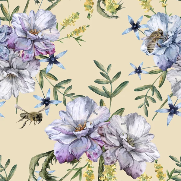野の花とミツバチのバラの背景。シームレス パターン. — ストック写真