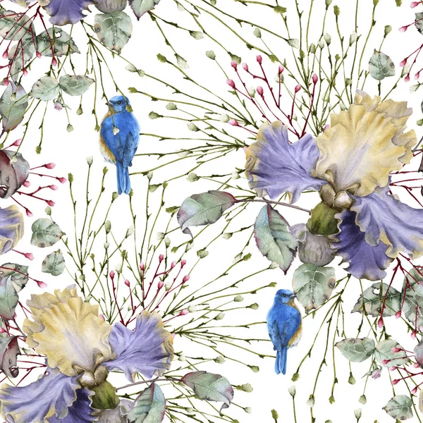 Hintergrund von Rosen und Iris. nahtloses Muster. — Stockfoto