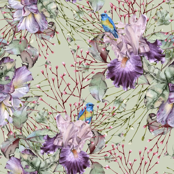 Hintergrund von Rosen und Iris. nahtloses Muster. — Stockfoto