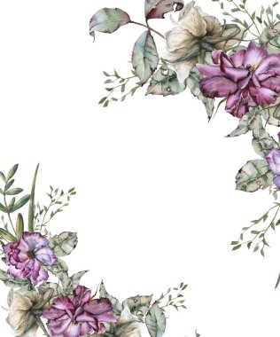 Kır çiçekleri ile gül bileşimi. Beyaz arka plan üzerinde izole. 