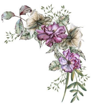 Kır çiçekleri ile gül bileşimi. Beyaz arka plan üzerinde izole. 