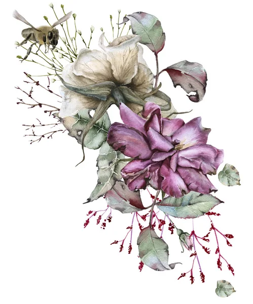 Composizione di rose con fiori selvatici e api. Isolato su sfondo bianco . — Foto Stock