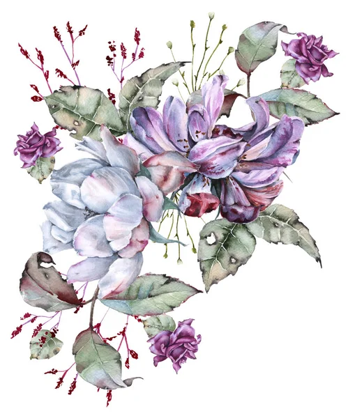 Složení růží s divokými květy. Izolované na bílém pozadí. — Stock fotografie
