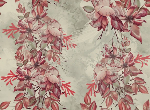장미, 나뭇 가지와 나뭇 잎의 배경입니다. 원활한 패턴. — 스톡 사진