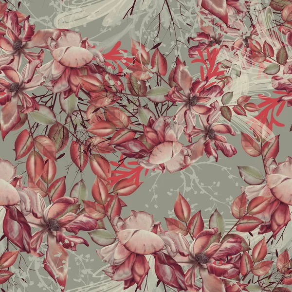 Bakgrund av rosor, kvistar och löv. Sömlöst mönster. — Stockfoto