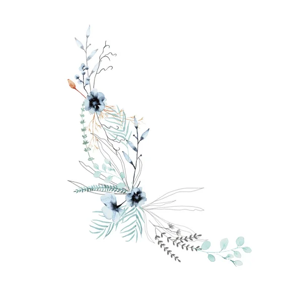 Wildblumen mit Blättern in einem Strauß. isoliert auf weißem Hintergrund. — Stockfoto