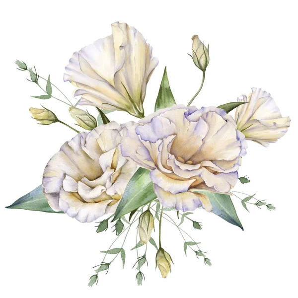 Valkoinen ruusu. Eustooma. Eristetty valkoisella pohjalla . — kuvapankkivalokuva
