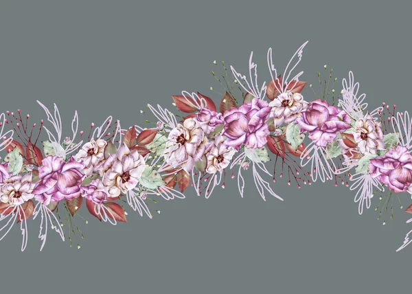 Komposition von Rosen mit Wildblumen. isoliert auf weißem Hintergrund. — Stockfoto