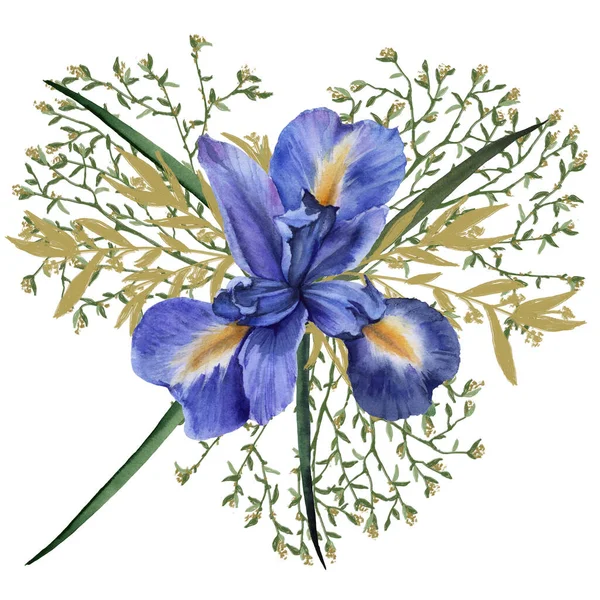 Složení květů duhovky s listím. Izolovaný akvarel ilustrace. — Stock fotografie