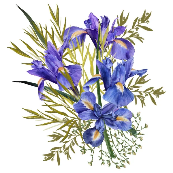 Složení květů duhovky s listím. Izolovaný akvarel ilustrace. — Stock fotografie