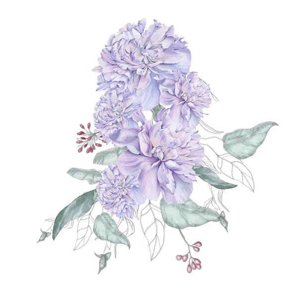 Bouquet di fiori di peonia. Disegno isolato. — Foto Stock