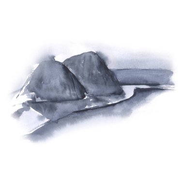 Dağlar ve nehir manzarası. Beyaz bir arkaplanda izole edilmiş.