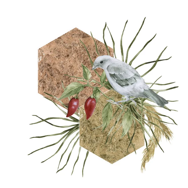 Σύνθεση με πιπεριές τσίλι και ένα πουλί σε κλαδί. Απομονωμένα σε λευκό φόντο. — Φωτογραφία Αρχείου
