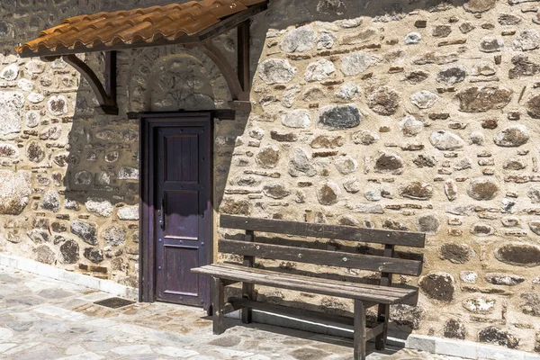 Old Wooden Bench Entrance Old Little Greek Orthodox Church Great — Stock Photo, Image