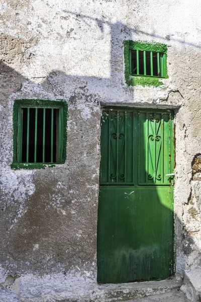 Iron Green Door Old Greek Stone House Narrow Street Small — Stock Photo, Image