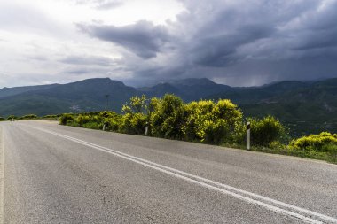 Dağ yolu Yunanistan orta kısmında pas geçer ve çok sayıda sarı çiçekler güzel Bush'larda çevrilidir. Fırtına bulutları dağların ve çok yakında bu üzerinde kalınlaşmış yağmur yağacak.