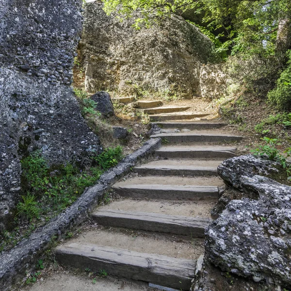 The dilapidated wooden steps of the old staircase lead past the ancient stone wall under the thick branches of trees to the top of the mountain, where the Greek Orthodox monastery is located.