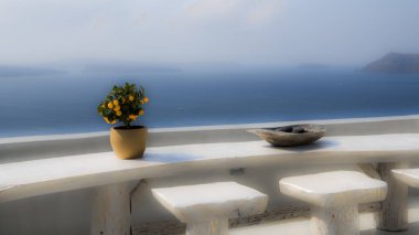 Güzel manzara, Santorini Adası ile büyük bir ahşap tabloda portakal ağacı. Teras eski bir yanardağ Caldera'nın çarpıcı manzaralarını sunmaktadır.