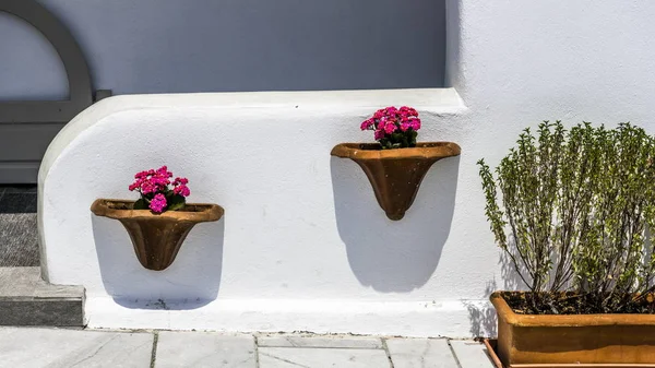 Flores Brillantes Macetas Una Calle Estrecha Oia Isla Santorini — Foto de Stock