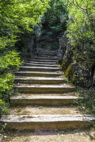 The dilapidated wooden steps of the old staircase lead past the ancient stone wall under the thick branches of trees to the top of the mountain, where the Greek Orthodox monastery is located.