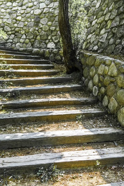 The dilapidated wooden steps of the old staircase lead past the ancient stone wall under the thick branches of trees to the top of the mountain, where the Greek Orthodox monastery is located.
